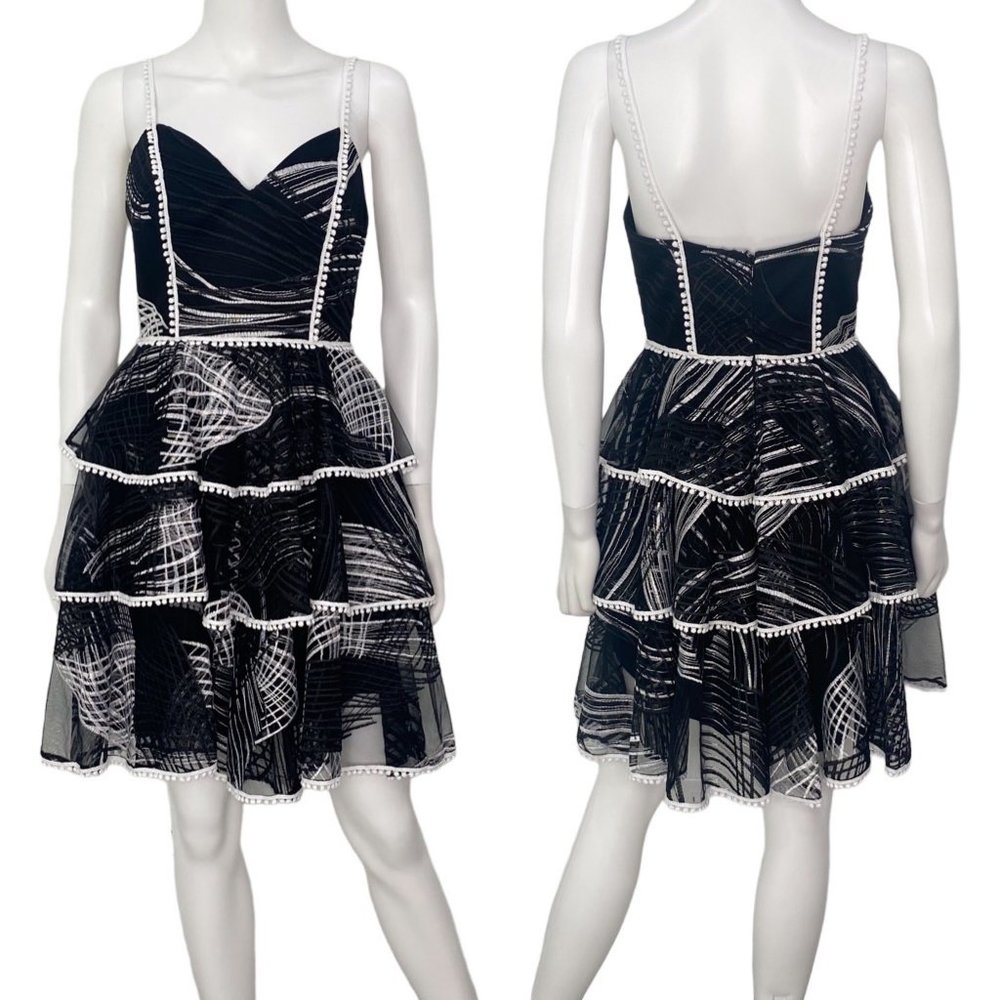 Love By Theia Tiered Mini Cocktail Dress Layered Black and White Print Size 4